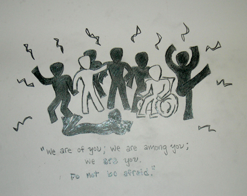 A drawing of people dancing, with the caption