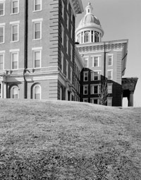 Exterior side view of the St. Louis County Insane Asylum.