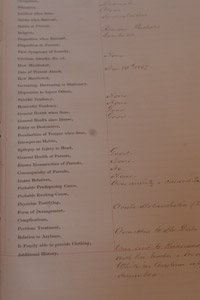 A page from the intake book from the St. Louis County Insane Asylum detailing why people were admitted and their mental condition.