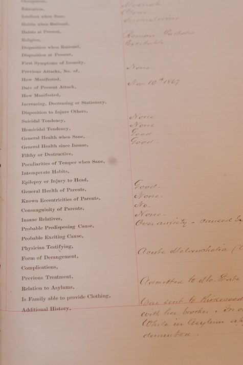 A page from the intake book from the St. Louis County Insane Asylum detailing why people were admitted and their mental condition.